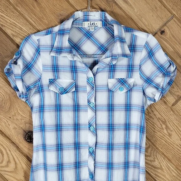 L.E.I. Shirt Dress Women Junior M Plaid Button Front Short Sleeve Blue White - Picture 7 of 9